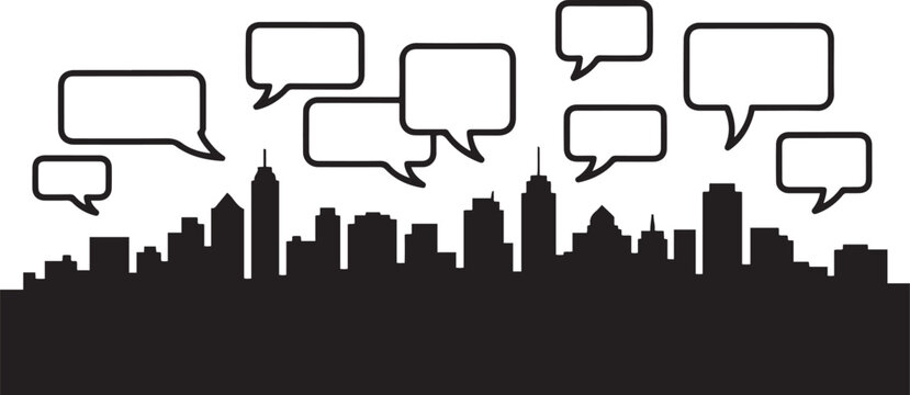 Urban city skyline with speech bubbles representing community conversation and public social media, balck icon silhouette vector
