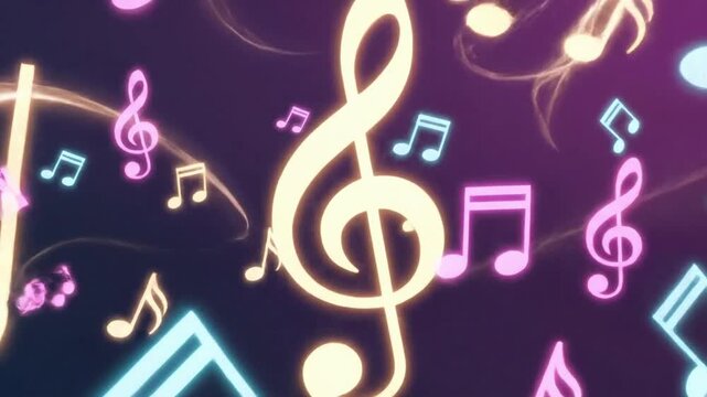 Animated background with musical notes in various colors floating and moving around during the playback