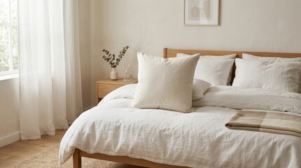 Obraz premium Cozy beige linen bedding on a comfortable bed