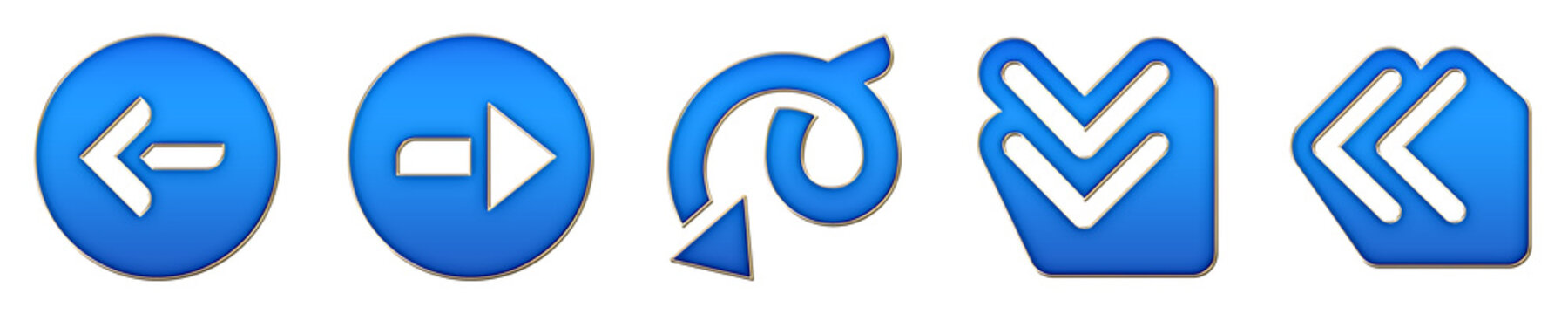 3D chrome icon set - circle d left, circle d right, curly arrow, double down, and double left. Directional arrows and navigation interface pointers. 3D illustration on transparent.