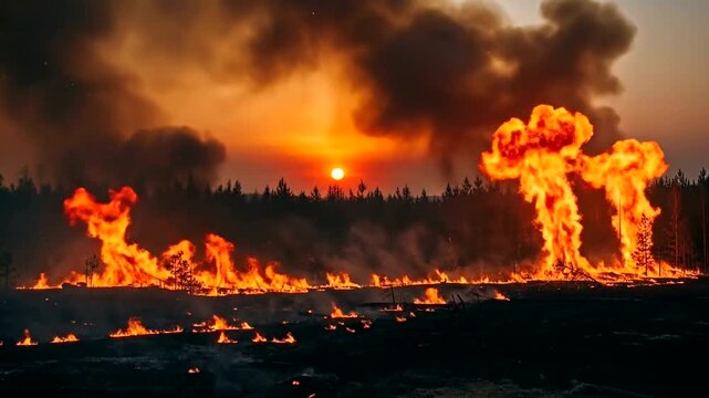 Wildfire at Sunset with Smoke and Flames in Forest