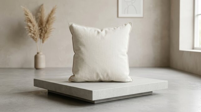 Cream square cushion resting on modern concrete surface