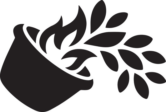 Pot Pouring Flowing Fire and Leave, balck icon silhouette vector