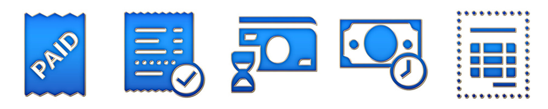 Modern 3D isometric icon collection - paid bill stamp, paid bill, payment history, payment processed, and proforma invoice. Payment and financial transactions. Premium rendered.