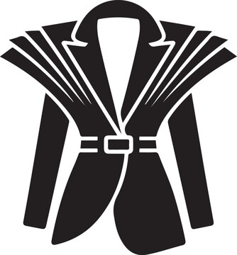 High fashion avant-garde blazer with structured pleated shoulders and belt detail, balck icon silhouette vector