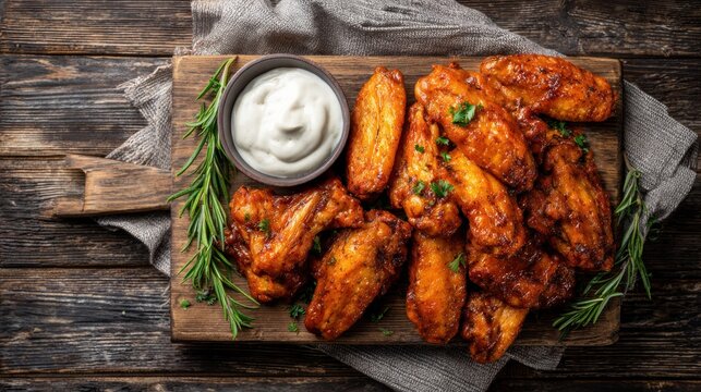 Crispy roasted chicken wings served on wooden board with creamy dip and fresh herbs. Golden, juicy wings with seasoned skin