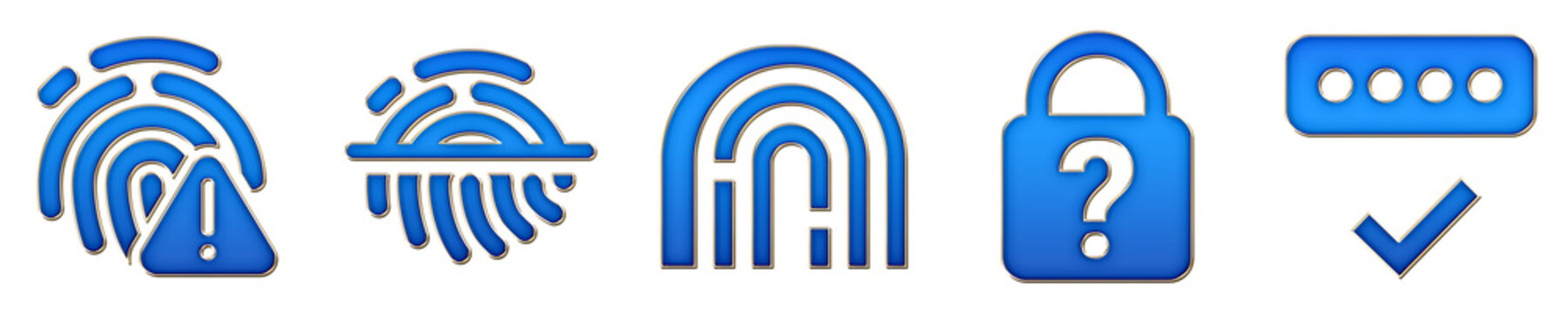 3D rendered hologram icon pack featuring fingerprint error, fingerprint scan, fingerprint, forgot password, and good pincode. Authentication security and user identity.