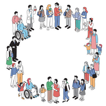 円形に並ぶアイソメトリック構図の色々な人々のイラストセット
