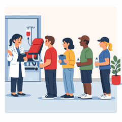 Fototapeta premium People Waiting in Line to Donate Blood in a Clinic