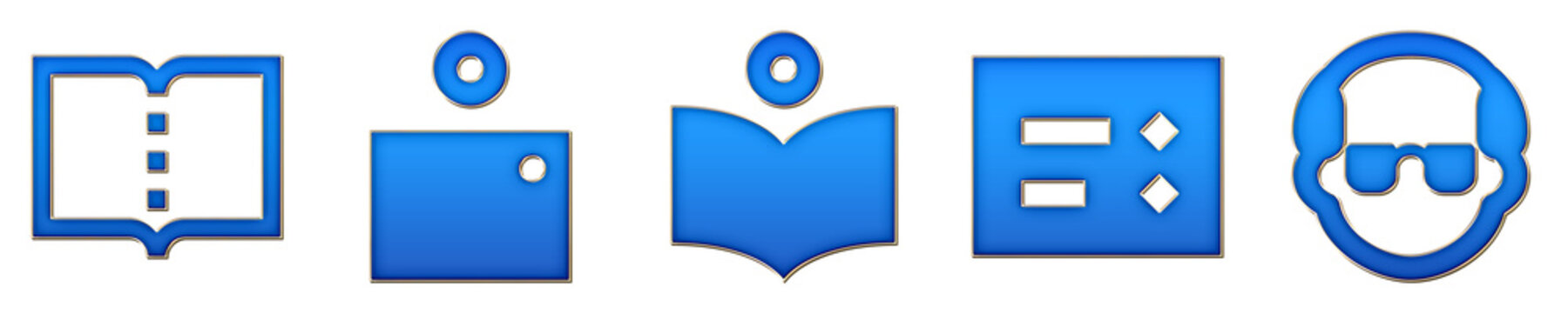 Set 3D plastic open book, reading ebook, read ing, report card, and school director pictograms. Education learning and school academic resources. Glossy icon illustration.
