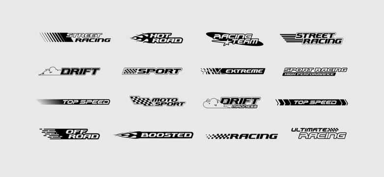 Racing graphics typographycs signs. Racing sport and Drift elements set of stripes, finish flags, sport signs, flames decals, dynamic elements, sport car stickers and decals. Editable vector 