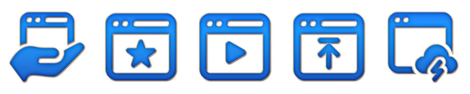 Modern 3D plastic icon collection - share browser screen, stared webpage, streaming video, upload via bowser, and weather portal. Web websites and internet interfaces. Premium.