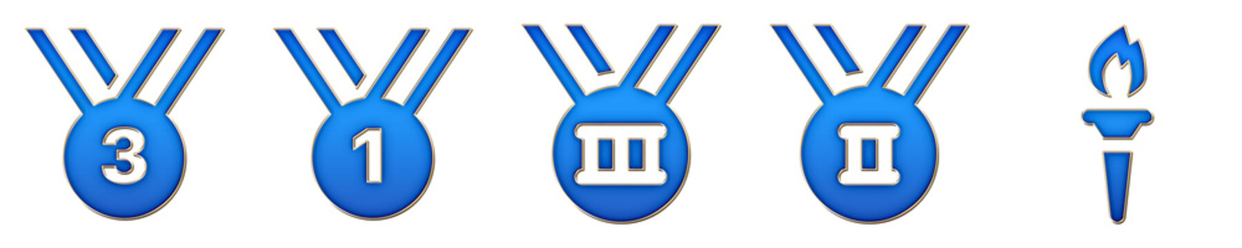 3D icon bundle glass style - medal third place, medal, olympic medal bronze, olympic medal silver, and olympic to rch. Awards achievement and champion recognition. High quality.