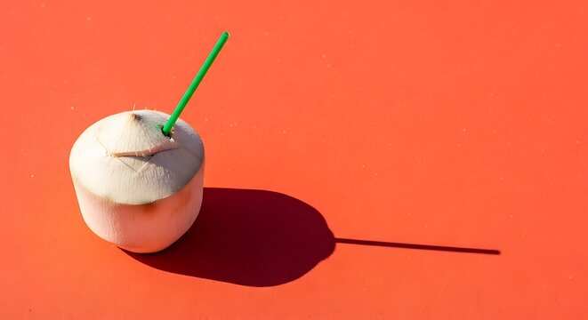 a coconut with a green straw on an orange background