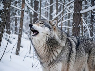 Fototapeta premium Wolf howling in winter forest