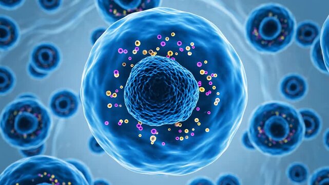 Blue cells with colorful particles highlighting geometric patterns and contemporary art