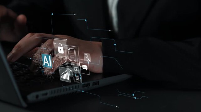 Futuristic Workspace with AI Technology Interface, Virtual Security, Data Management, and Innovative Solutions for Modern Business Development Gluon.