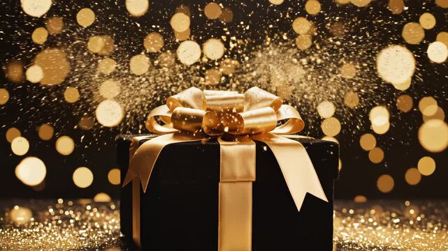 Black gift box with golden bow and sparkles symbolizing conceptual art and dynamic energy