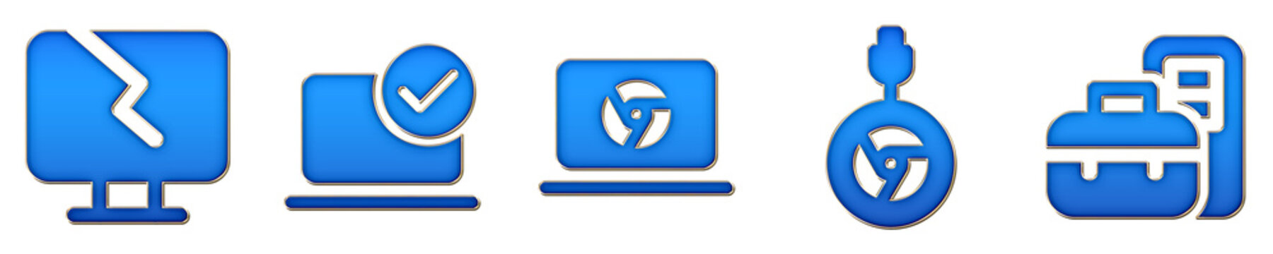3D rendered plastic icon pack featuring broken computer, checked laptop, chromebook, chromecast, and device manager. Fluent system filled work station icon collection and design.