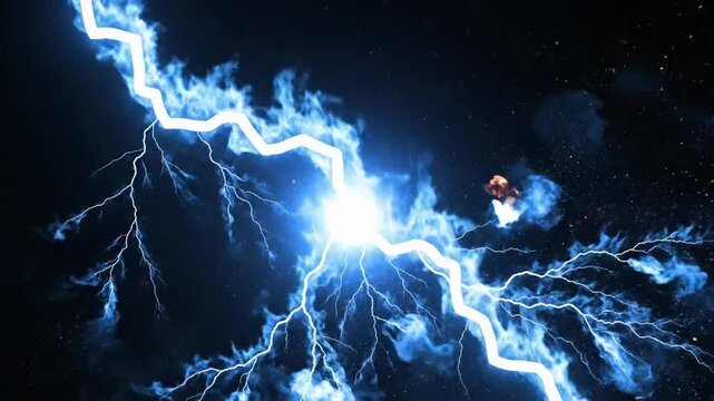 Flame shaped blue lightning effect on black background with sparks and glow