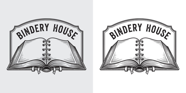Bindery House Open Book Logo Illustration with Vintage Frame and Spine Detail
