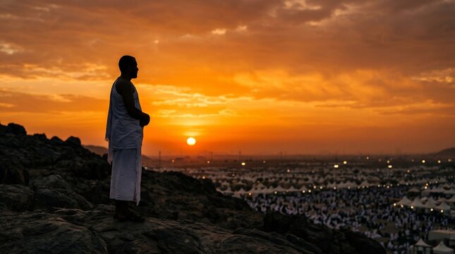 Silhouette of Pilgrim in Prayer at Sunset During Hajj