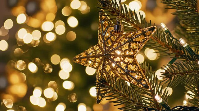 Star ornament on Christmas tree for outdoor lifestyle brands and nature documentaries