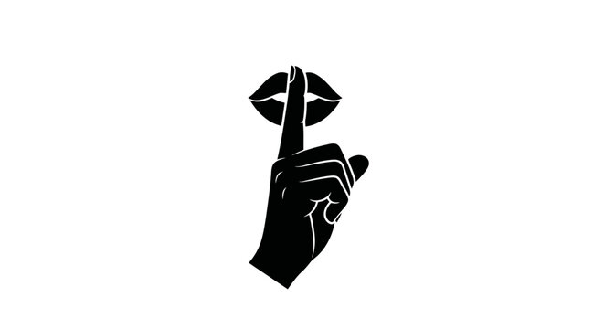 Black and white vector illustration graphic design of a finger with lips to indicate silence or secrecy.