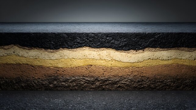 Detailed cross-section of soil layers showing different textures and colors, earth science concept.