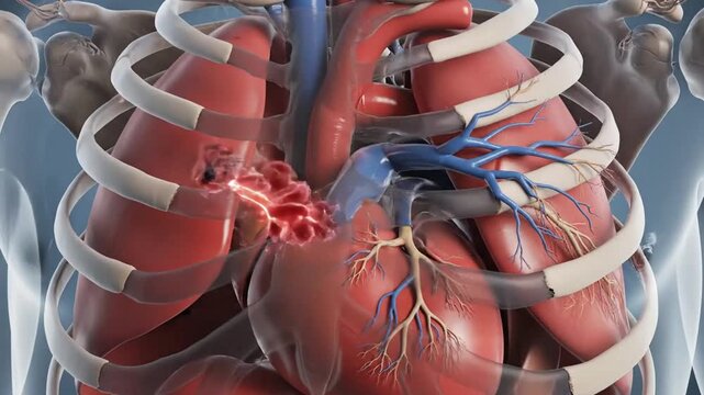 Rendered medical animation showing a man with detailed anatomy and internal organs in a visual display