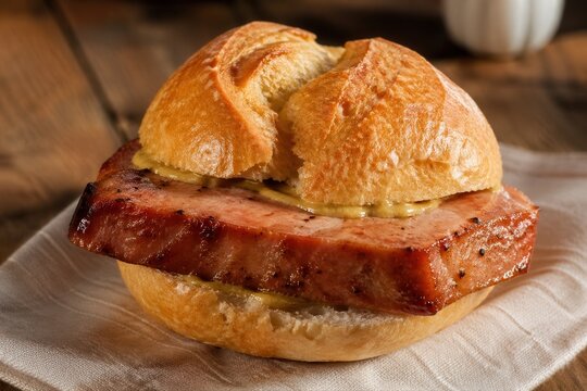 Rustikales Leberk&auml;sebr&ouml;tchen mit Senf auf Serviette und Holztisch als deftiger Imbiss