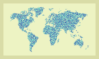Modern digital world map mosaic in blue hexagons. Vector illustration of a world map composed of blue hexagonal data points. This abstract graphic symbolizes global connectivity and big data. © ismailgazel