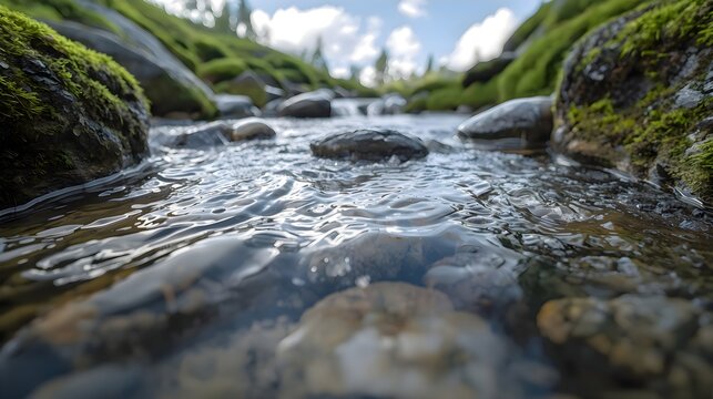 Small stream of water running between rocks and grass, beautiful natural river landscape in wild forest for environment and travel