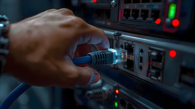 Person plugging in to ethernet cable, connecting computer to local network and internet for high speed technology and communication