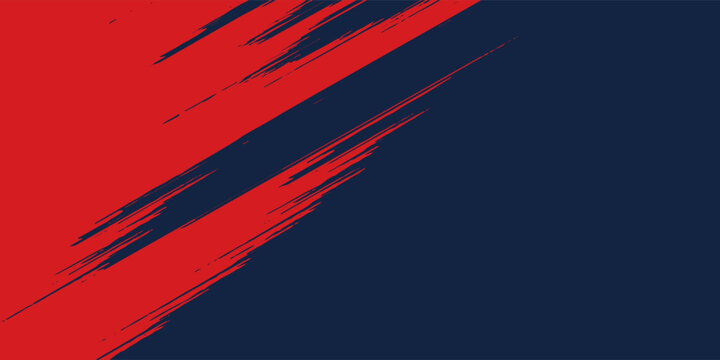 A dynamic abstract background features a bold contrast of red and navy blue separated by angled brush strokes, creating a visually striking and textured composition