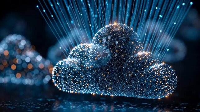 Futuristic cloud network illustration depicting data transfer and connectivity with glowing blue light trails against a dark background representing digital technology and innovation