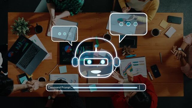 A group of professionals engages in a business meeting focused on technology trends, featuring discussions about data analysis and AI integration in a modern workspace. Raster