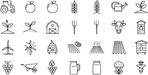 Agriculture and Farming Line Art Icons Set - Outline Farm, Food, and Rural Life Symbols © vectorcorp