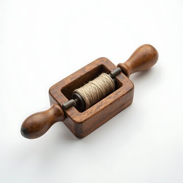 
Vintage wooden thread spool winder antique sewing tool with crank on isolated