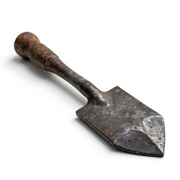 Vintage rusty garden trowel with wooden handle aged tool on white backdrop