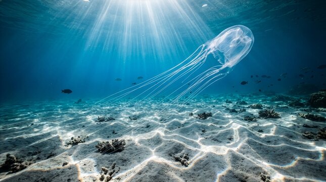 Mesmerizing box jellyfish drifting peacefully within the sun-drenched azure waters, its ethereal form catching vivid light shafts on the sandy ocean floor