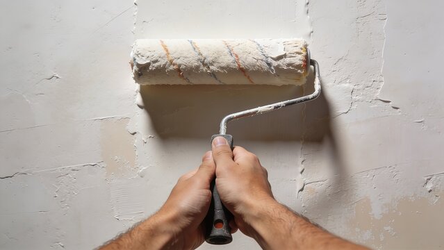 First person view of hands painting a wall with a roller brush, representing home renovation, maintenance, and improvement work in a bright environment.