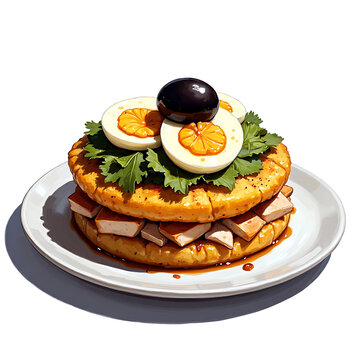 Caribbean patacon with shredded pork boiled egg toppings on white plate dish