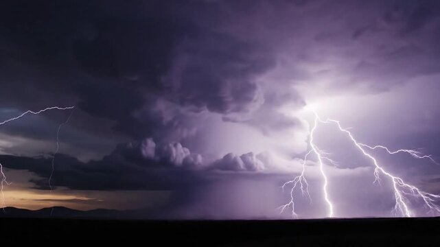 Heavy clouds bring thunder and lightning to the area during stormy weather in the evening sky