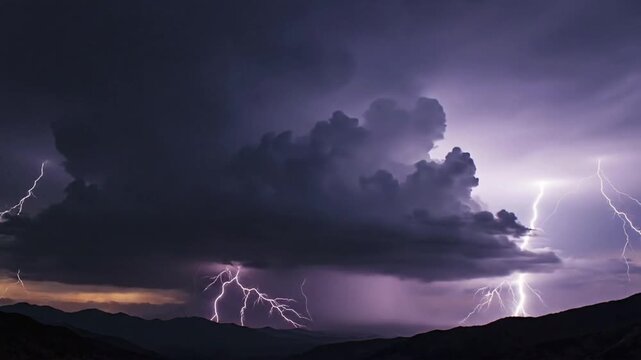 Heavy clouds bring thunder and lightning during an intense storm with visible flashes in the sky