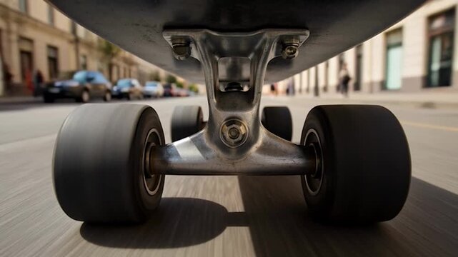 A low-angle perspective captures the underside of a skateboard as it moves rapidly along a paved surface, creating a sense of motion