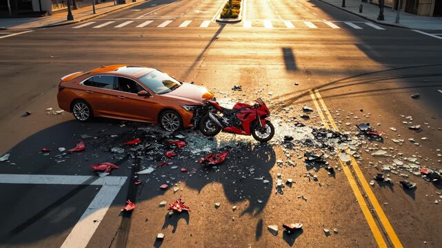 Car and motorcycle crash at intersection ideal for sleek commercial backgrounds and title sequences