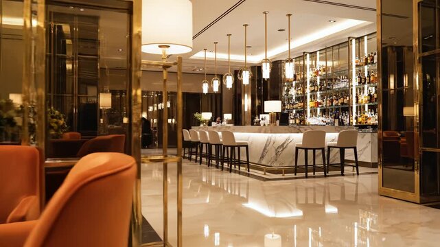 Luxury hotel lounge with orange seating ideal for travel vlogs and eco-friendly campaigns