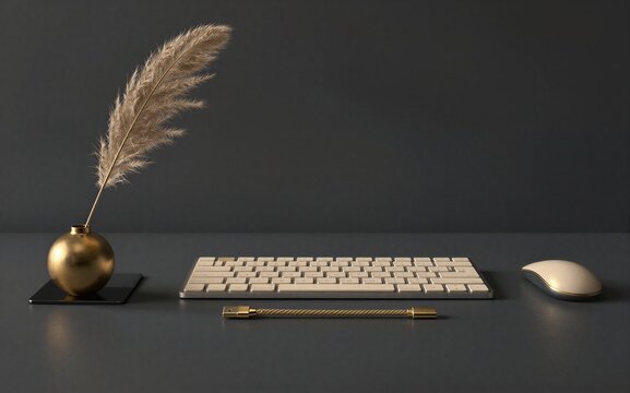 Golden feather quill keyboard mouse on dark desk with minimalist