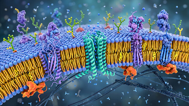 intricate details of a cell membrane with lipids and proteins